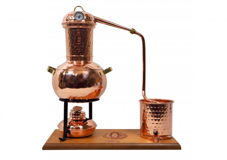 "CopperGarden®" Tischdestille Arabia 2 Liter - mit Spiritusbrenner & Aromasieb und Thermometer - zum Schließen ins Bild klicken